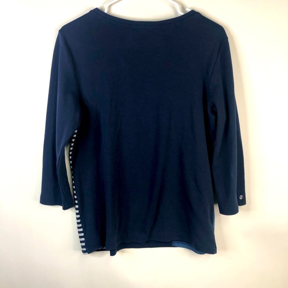 Karen Scott Sport Navy blue floral stripe 3/4 sleeve scoop neck texture tee M - Picture 5 of 8